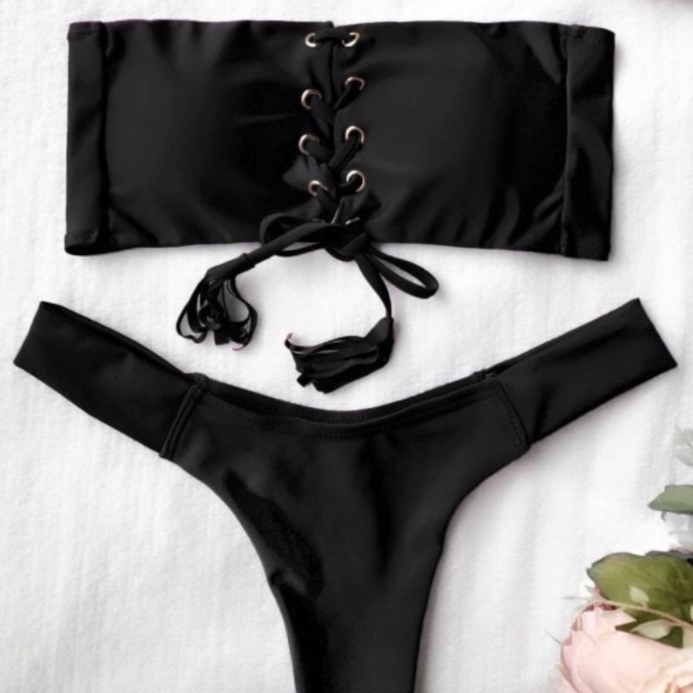NWT cheeky Black bandeau bikini set